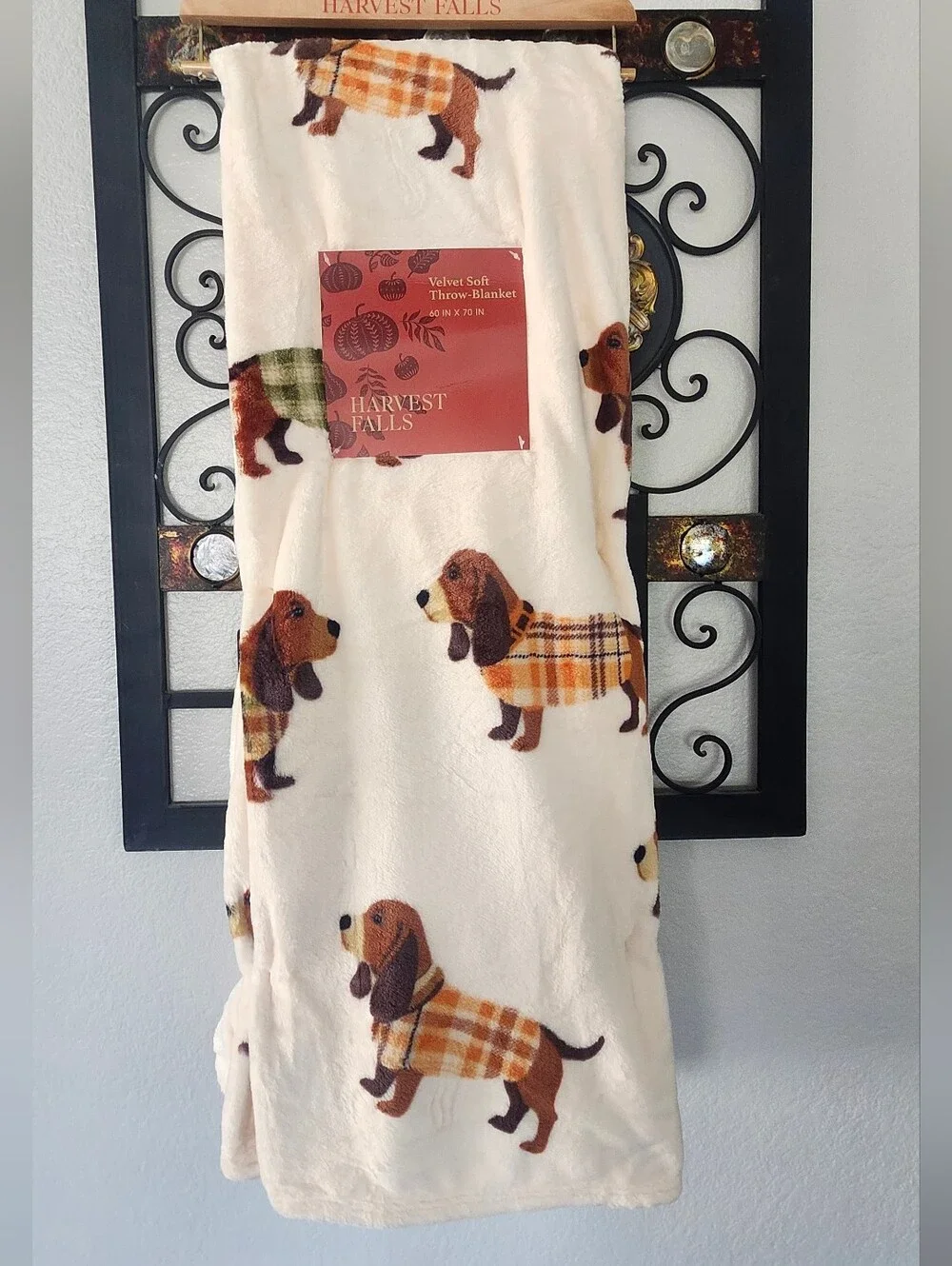 Cream Plush Throw Blanket with Plaid Dachshund Design